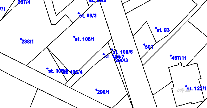 Parcela st. 106/2 v KÚ Mazelov, Katastrální mapa