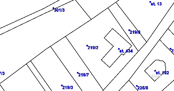 Parcela st. 219/2 v KÚ Minkovice, Katastrální mapa