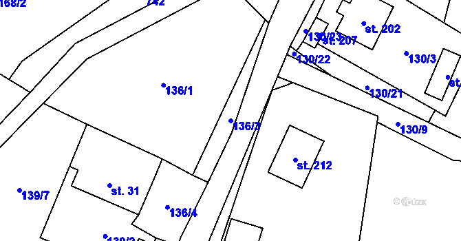 Parcela st. 136/3 v KÚ Obora u Šindelové, Katastrální mapa