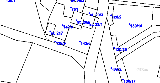 Parcela st. 142/5 v KÚ Obora u Šindelové, Katastrální mapa