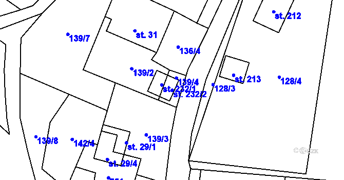 Parcela st. 232/2 v KÚ Obora u Šindelové, Katastrální mapa