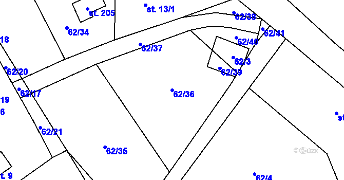 Parcela st. 62/36 v KÚ Obora u Šindelové, Katastrální mapa