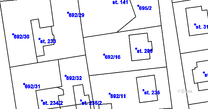 Parcela st. 692/16 v KÚ Škrdlovice, Katastrální mapa