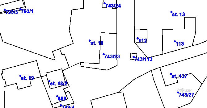 Parcela st. 743/23 v KÚ Škrdlovice, Katastrální mapa