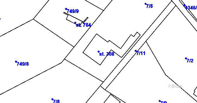 Parcela st. 308 v KÚ Škvorec, Katastrální mapa