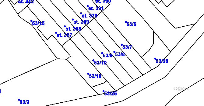 Parcela st. 53/9 v KÚ Škvorec, Katastrální mapa