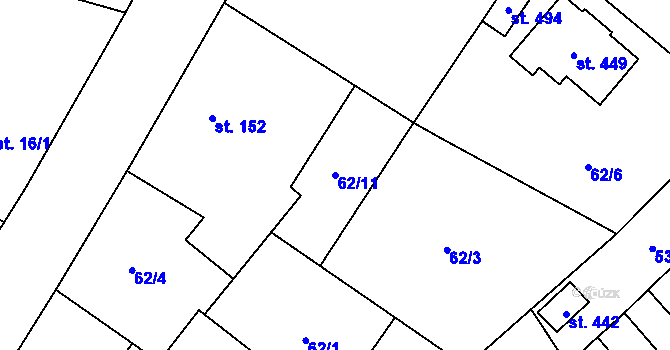 Parcela st. 62/11 v KÚ Škvorec, Katastrální mapa
