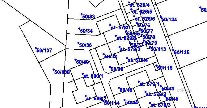 Parcela st. 50/38 v KÚ Škvorec, Katastrální mapa