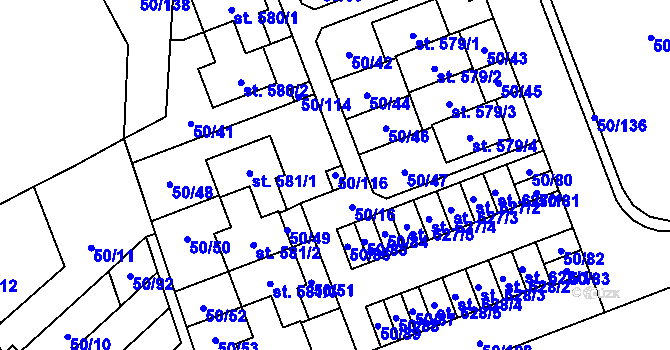 Parcela st. 50/116 v KÚ Škvorec, Katastrální mapa