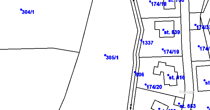 Parcela st. 305/1 v KÚ Třebohostice u Škvorce, Katastrální mapa