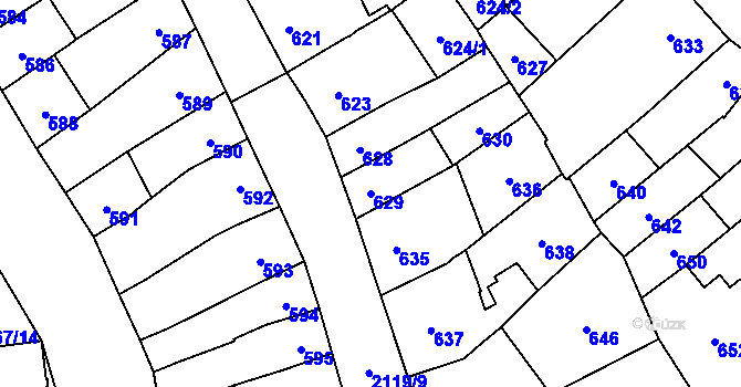 Parcela st. 629 v KÚ Šlapanice u Brna, Katastrální mapa