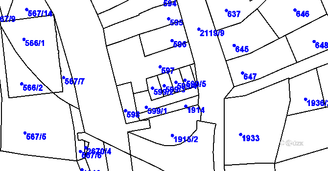 Parcela st. 599/3 v KÚ Šlapanice u Brna, Katastrální mapa