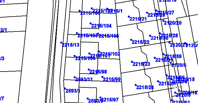 Parcela st. 2215/102 v KÚ Šlapanice u Brna, Katastrální mapa