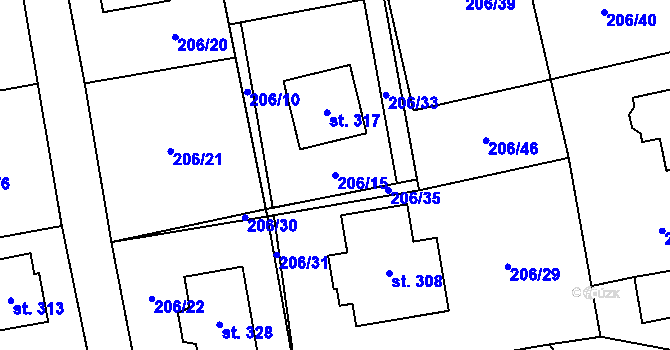 Parcela st. 206/15 v KÚ Šlapanov, Katastrální mapa