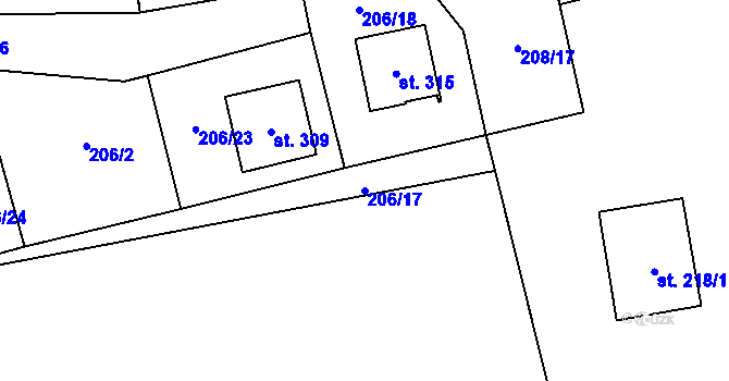 Parcela st. 206/17 v KÚ Šlapanov, Katastrální mapa