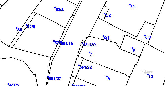 Parcela st. 551/20 v KÚ Šlovice u Plzně, Katastrální mapa