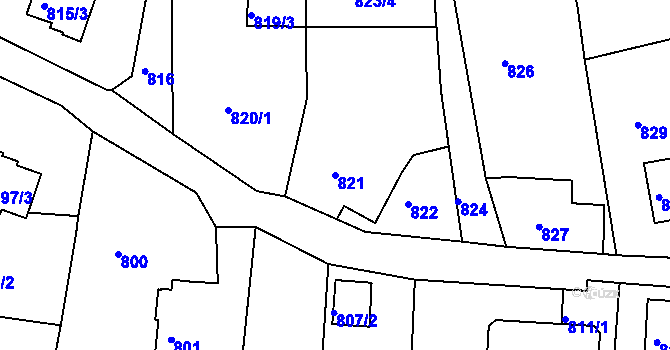 Parcela st. 821 v KÚ Šluknov, Katastrální mapa
