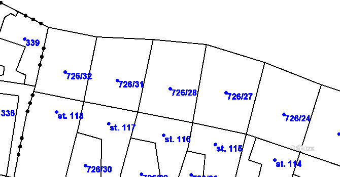 Parcela st. 726/28 v KÚ Šošůvka, Katastrální mapa