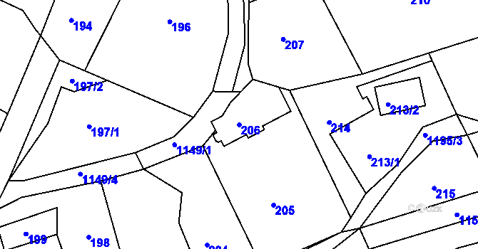 Parcela st. 206 v KÚ Štěnovice, Katastrální mapa