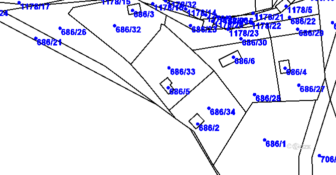 Parcela st. 686/5 v KÚ Štěnovice, Katastrální mapa