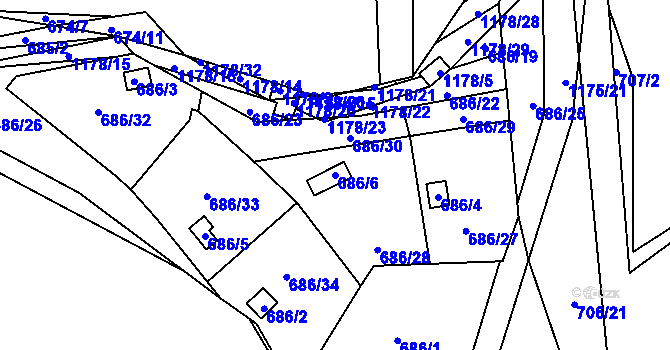 Parcela st. 686/6 v KÚ Štěnovice, Katastrální mapa