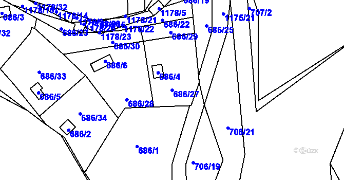Parcela st. 686/27 v KÚ Štěnovice, Katastrální mapa