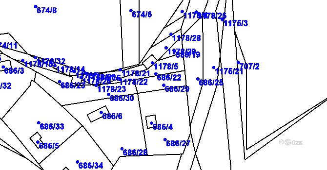 Parcela st. 686/29 v KÚ Štěnovice, Katastrální mapa