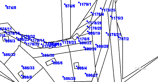Parcela st. 686/22 v KÚ Štěnovice, Katastrální mapa
