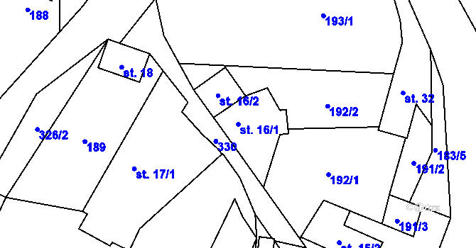 Parcela st. 16/1 v KÚ Olešnička, Katastrální mapa