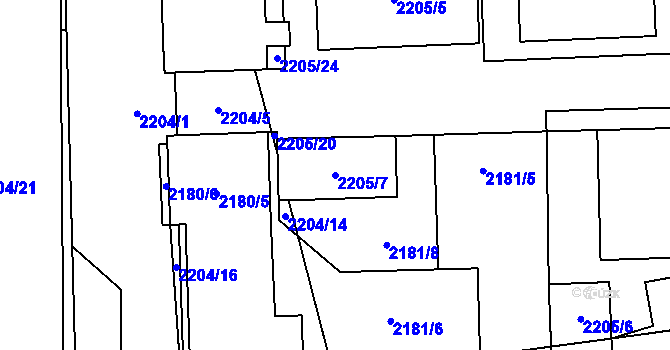Parcela st. 2205/7 v KÚ Šternberk, Katastrální mapa