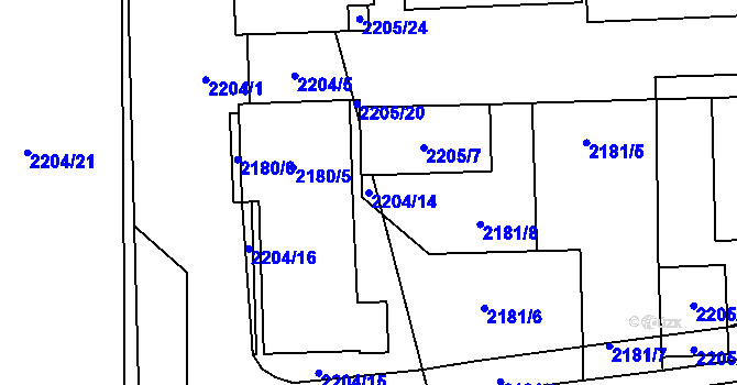 Parcela st. 2204/14 v KÚ Šternberk, Katastrální mapa