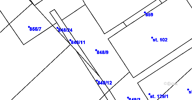 Parcela st. 848/9 v KÚ Počeplice, Katastrální mapa
