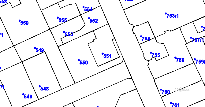 Parcela st. 551 v KÚ Štětí I, Katastrální mapa