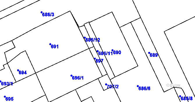 Parcela st. 686/11 v KÚ Štětí I, Katastrální mapa