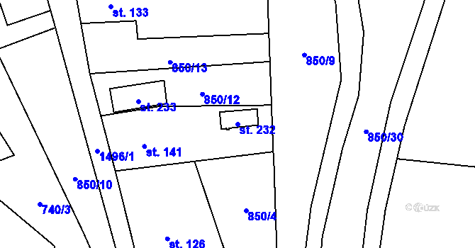 Parcela st. 232 v KÚ Popov nad Vláří, Katastrální mapa