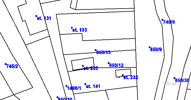 Parcela st. 850/13 v KÚ Popov nad Vláří, Katastrální mapa