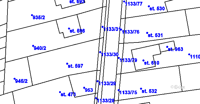 Parcela st. 1133/30 v KÚ Štítná nad Vláří, Katastrální mapa