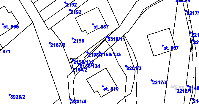 Parcela st. 2150/133 v KÚ Štítná nad Vláří, Katastrální mapa