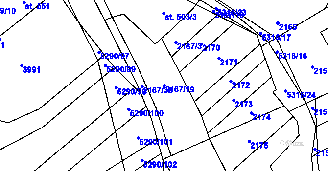 Parcela st. 2167/19 v KÚ Štítná nad Vláří, Katastrální mapa