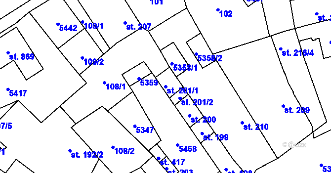 Parcela st. 201/1 v KÚ Štítná nad Vláří, Katastrální mapa