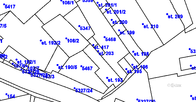 Parcela st. 203 v KÚ Štítná nad Vláří, Katastrální mapa