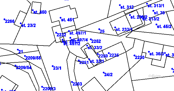 Parcela st. 33/2 v KÚ Študlov, Katastrální mapa
