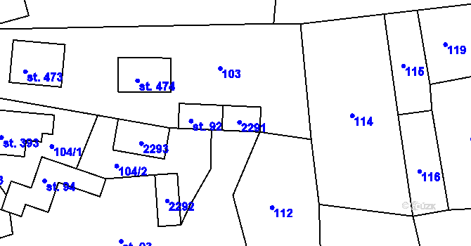 Parcela st. 91 v KÚ Študlov, Katastrální mapa