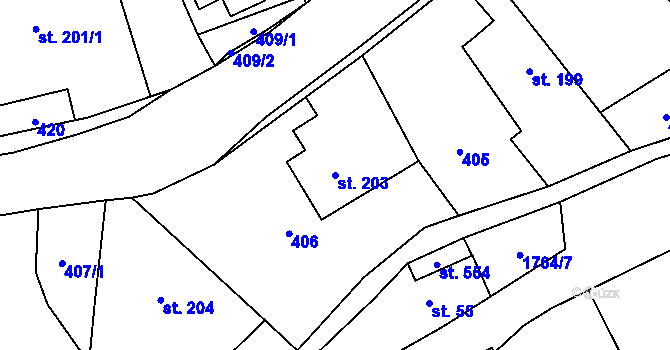 Parcela st. 203 v KÚ Šumvald, Katastrální mapa