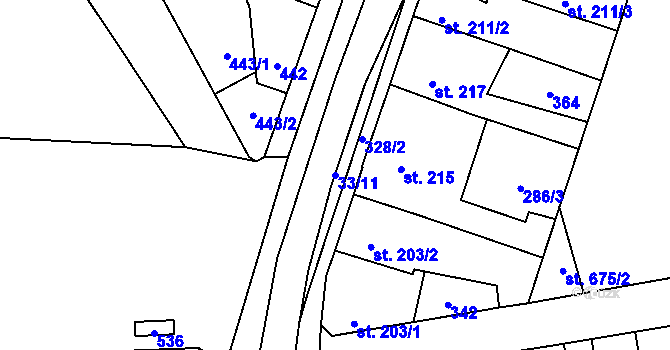 Parcela st. 33/11 v KÚ Motyčín, Katastrální mapa