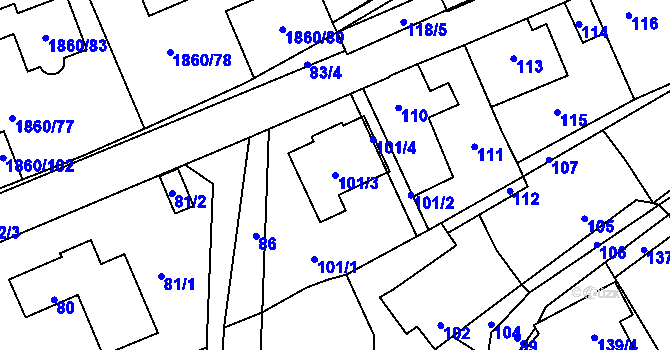 Parcela st. 101/3 v KÚ Motyčín, Katastrální mapa