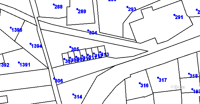 Parcela st. 313 v KÚ Motyčín, Katastrální mapa