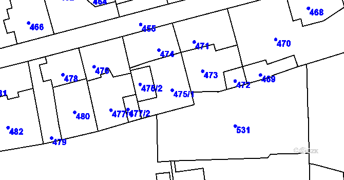 Parcela st. 475/1 v KÚ Motyčín, Katastrální mapa