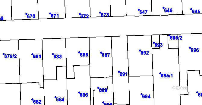 Parcela st. 687 v KÚ Motyčín, Katastrální mapa