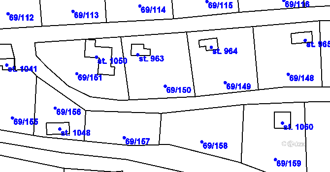 Parcela st. 69/150 v KÚ Hnidousy, Katastrální mapa